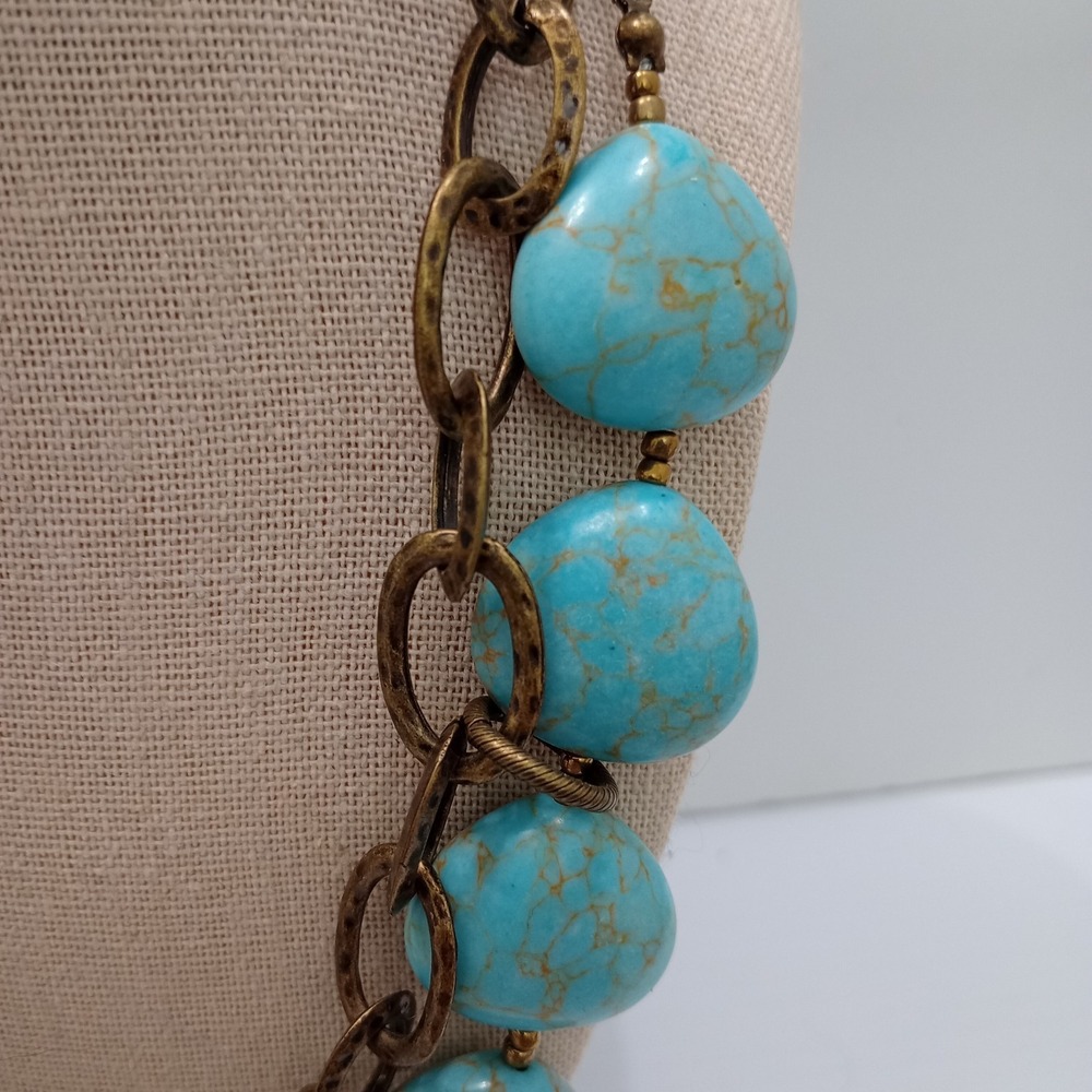Premier Designs Turquoise Statement Necklace Gold Tone Signed - Picture 4 of 9